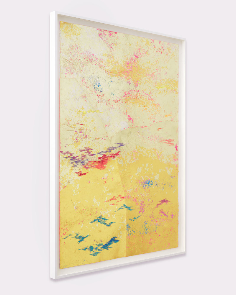 Jessie Henson Repair (Buckle), 2023 12, 18 and 24K gold with Beva, acrylic gouache, and polyester thread on paper in 3 parts Framed Dimensions: 63 7/8 x 45 1/2 x 2 3/8 inches 162.1 x 115.4 x 6 cm Paper Dimensions: 60 x 41 inches 152.4 x 104.1 cm