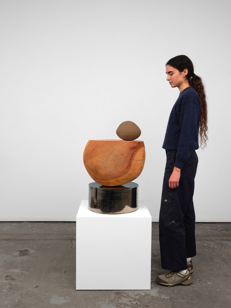 Jesse Schlesinger Lay down these words, Before your mind like rocks., 2025 Glazed ceramic, redwood (salvaged), and stone 27 x 14 x 19 inches 68.6 x 35.6 x 48.3 cm