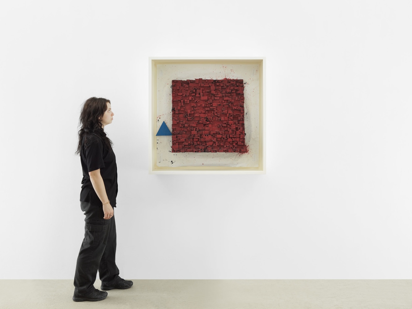 Leonardo Drew Number 124SD, 2022 Colored sand, wood and paint on paper Framed Dimensions: 38 x 38 x 8 inches 96.5 x 96.5 x 20.3 cm