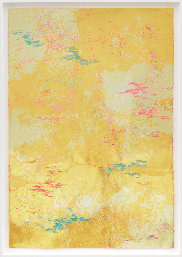 Jessie Henson Repair (Bound), 2023 12, 18 and 24K gold with Beva, acrylic gouache, and polyester thread on paper in 3 parts Framed Dimensions: 63 7/8 x 45 1/2 x 2 3/8 inches 162.1 x 115.4 x 6 cm Paper Dimensions: 60 x 41 inches 152.4 x 104.1 cm