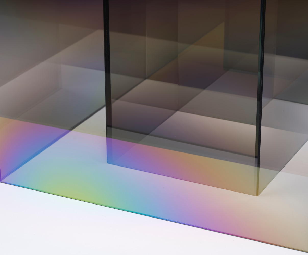 Larry Bell UNTITLED COATED SS (Mist), 2020 Laminated glass coated with inconel and silicon monoxide Overall dimensions: 12 x 16 x 16 inches 30.48 x 40.64 x 40.64 cm