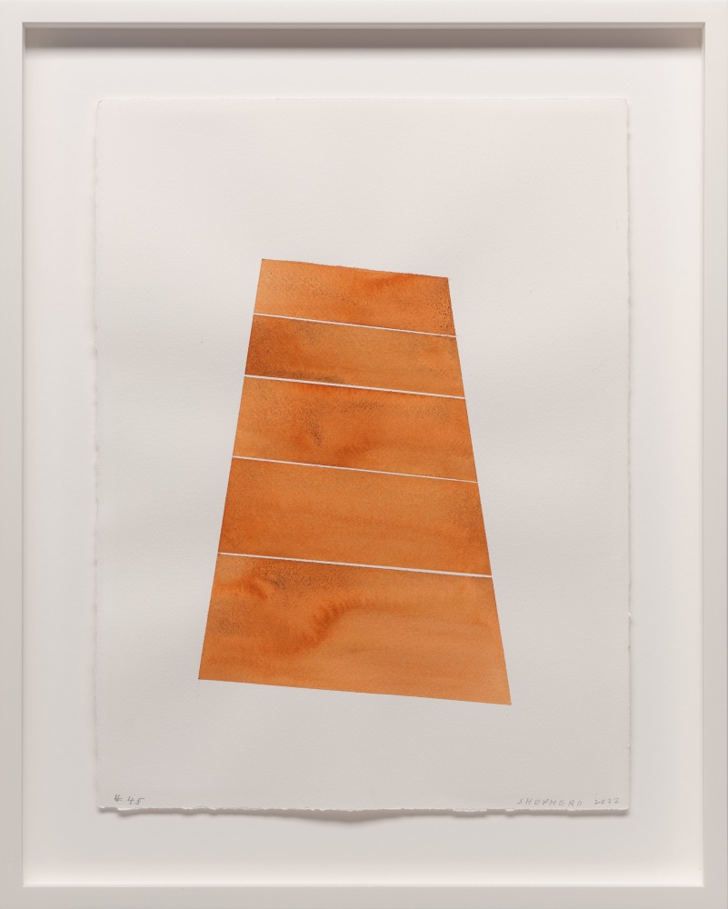 Kate Shepherd Orange, Steps, #45, 2022 Signed and dated lower right Watercolor on Arches paper Framed Dimensions: 18 7/8 x 15 1/8 x 1 1/2 inches 47.9 x 38.4 x 3.8 cm