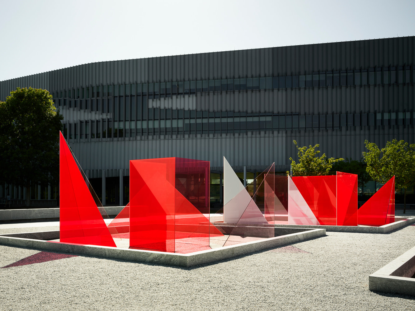 Larry Bell Reds and Whites, 2024 Site specific commission at NC State, Susan Woodson Plaza, just outside the James B. Hunt Jr. Library on Centennial Campus