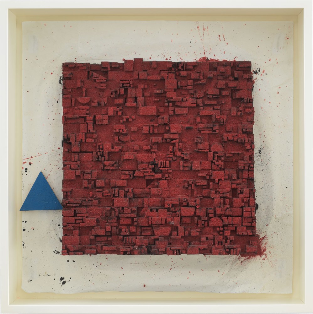 Leonardo Drew Number 124SD, 2022 Colored sand, wood and paint on paper Framed Dimensions: 38 x 38 x 8 inches 96.5 x 96.5 x 20.3 cm