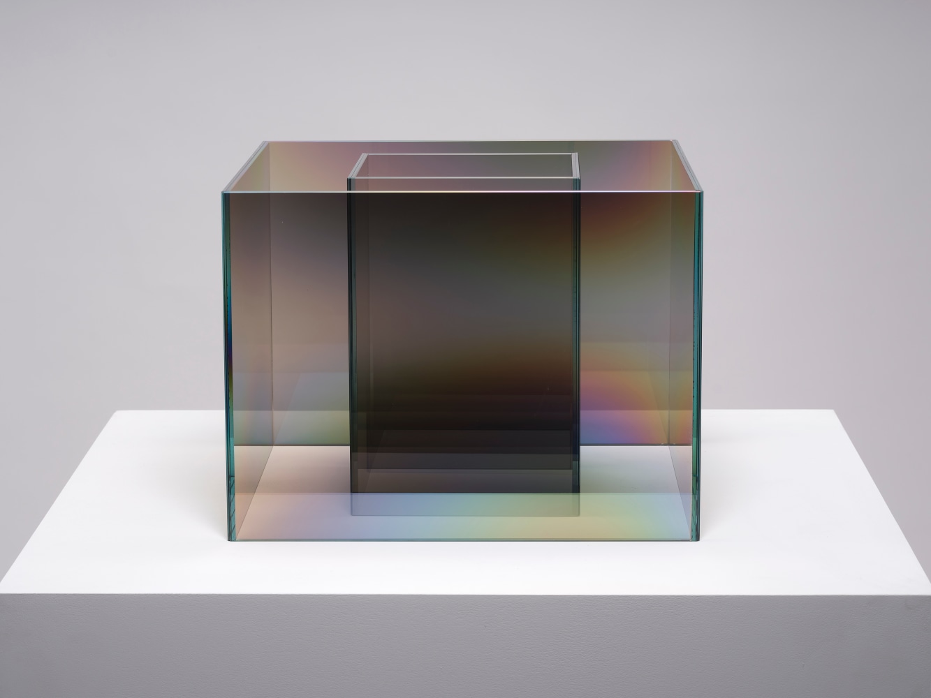 Larry Bell UNTITLED COATED SS (Mist), 2020 Laminated glass coated with inconel and silicon monoxide Overall dimensions: 12 x 16 x 16 inches 30.48 x 40.64 x 40.64 cm