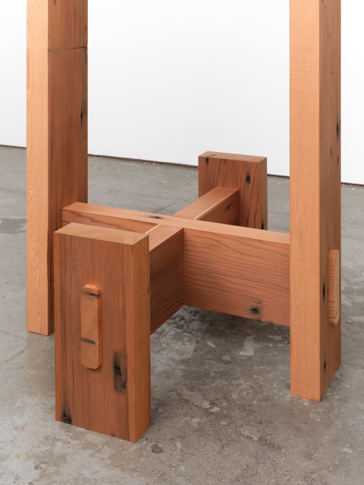 Jesse Schlesinger Untitled, 2023 Redwood (salvaged), cord, poplar, conversion varnish, chrome-plated steel, and glazed ceramic 78 x 30 x 30 inches 198.1 x 76.2 x 76.2 cm