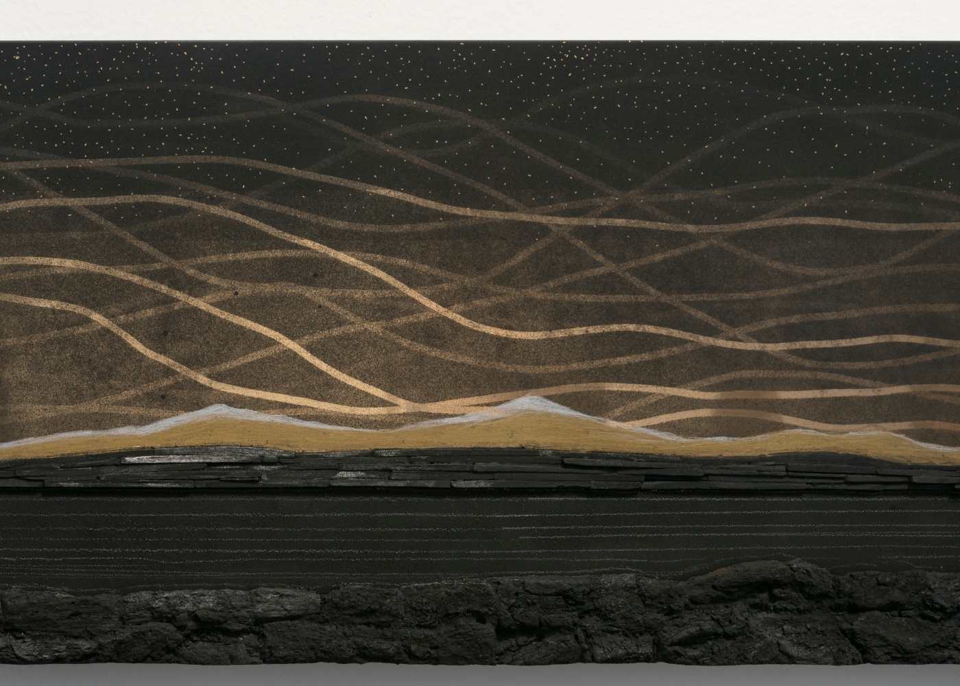 Teresita Fernández Dark Earth (Mirage), 2019 Solid charcoal and mixed media on chromed panel 12 x 108 x 2 inches 30.5 x 274.3 x 5.1 cm