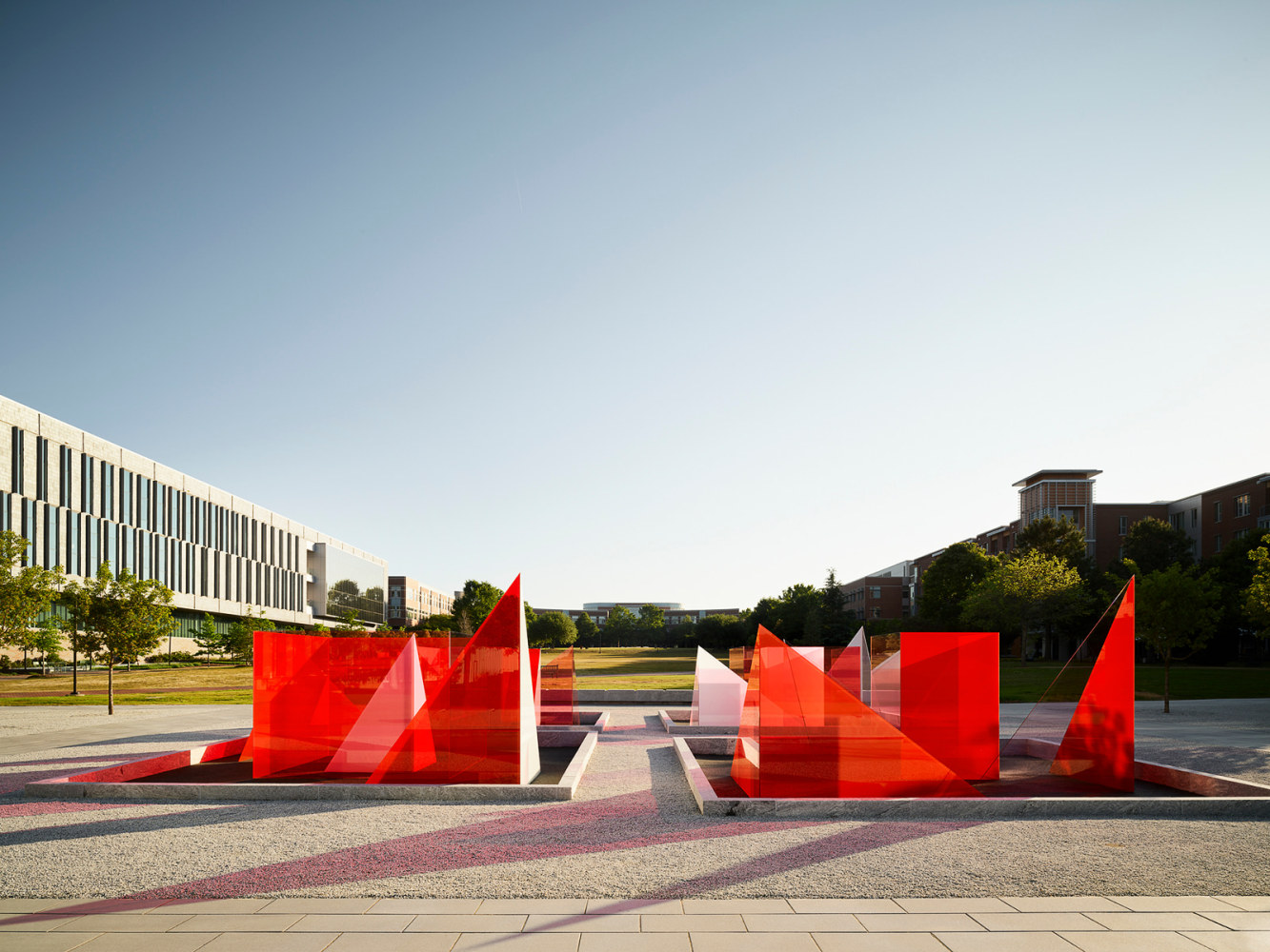 Larry Bell Reds and Whites, 2024 Site specific commission at NC State, Susan Woodson Plaza, just outside the James B. Hunt Jr. Library on Centennial Campus