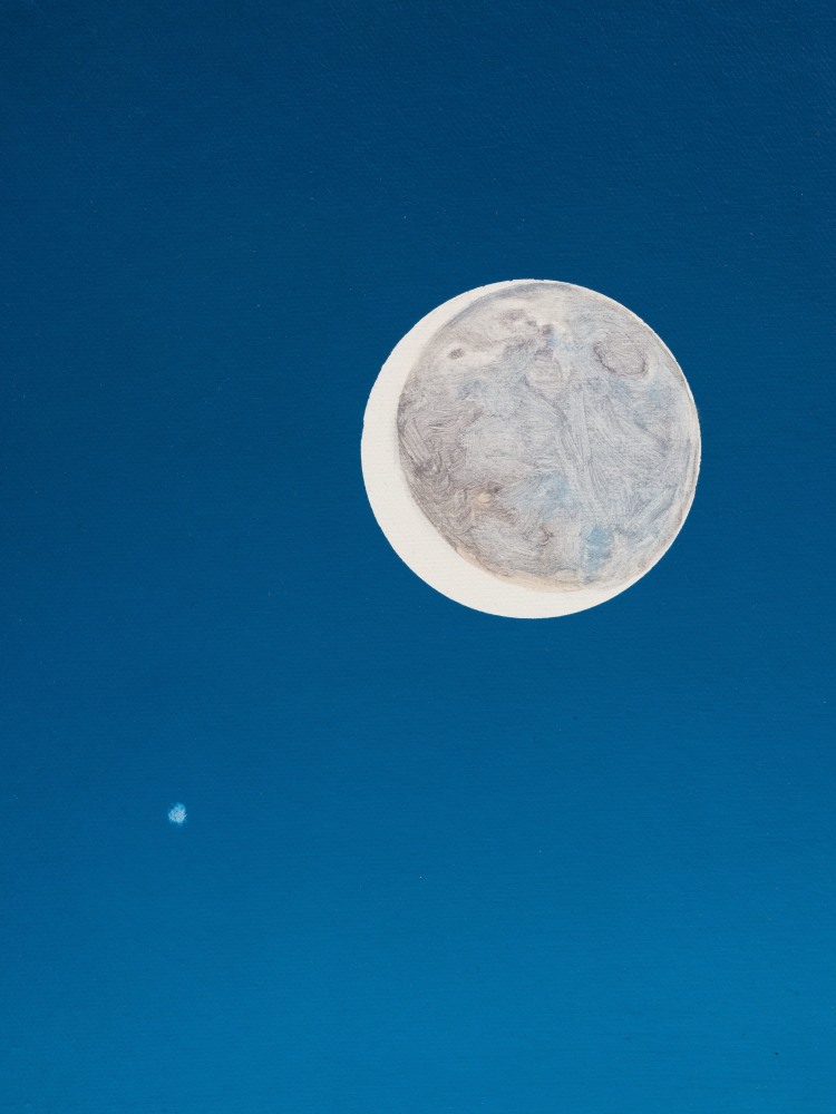 Rob Reynolds  Moon and Jupiter, 2018  Oil, alkyd and acrylic polymer paint on canvas in welded aluminum artist's frame  Framed Dimensions:  16 3/4 x 12 3/4 inches