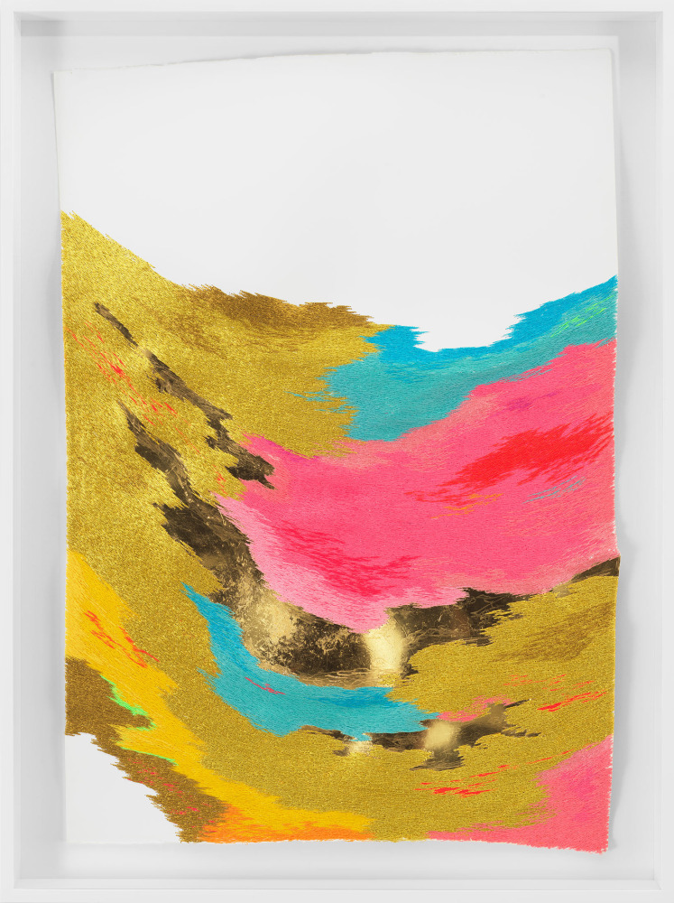 Jessie Henson The Sky Catches Fire When the Sun Goes (This Much I Believe), 2022 24k gold with polyester and rayon thread on paper Framed Dimensions: 34 7/8 x 26 1/8 x 3 1/2 inches 88.4 x 66.2 x 8.7 cm