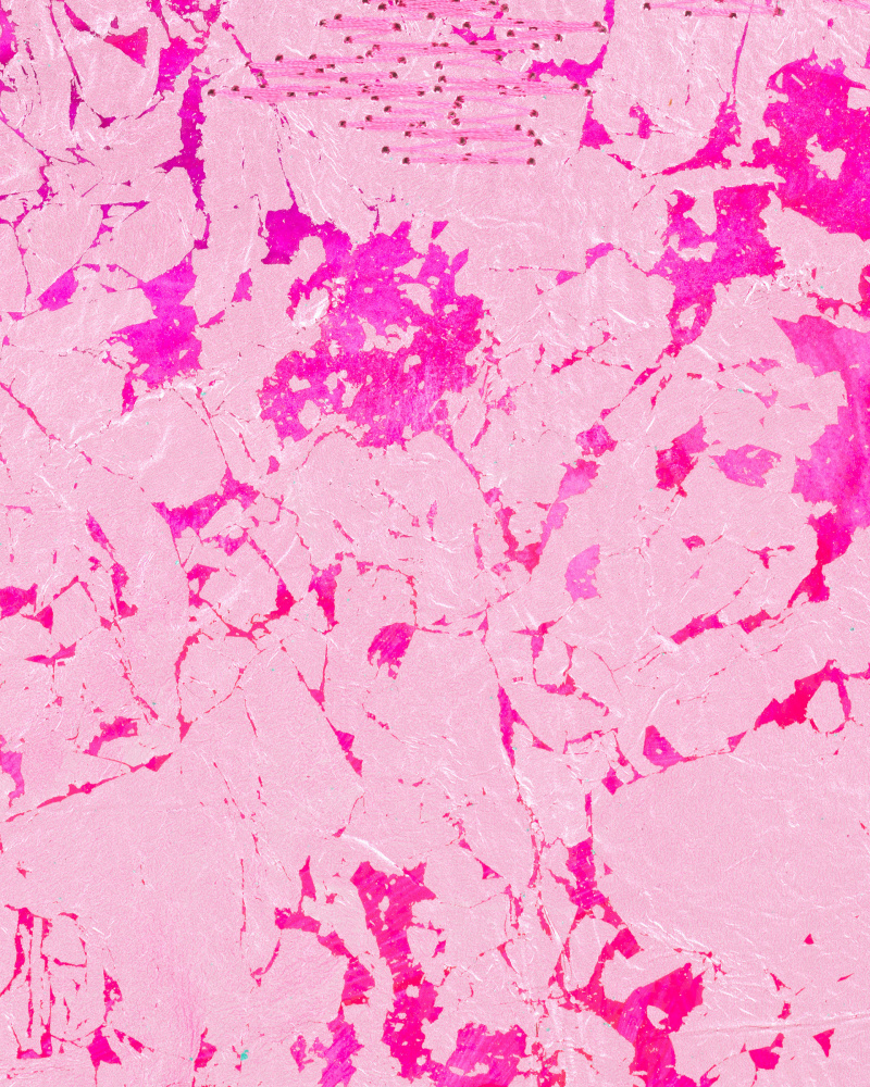 Jessie Henson The Gems and Minerals Department III, 2023 Japanese silver leaf with Beva, acrylic gouache, and polyester thread on paper Framed Dimensions: 12 1/2 x 10 x 1 1/2 inches 31.8 x 25.4 x 3.8 cm Paper Dimensions: 10 1/8 x 7 5/8 inches 25.7 x 19.4 cm