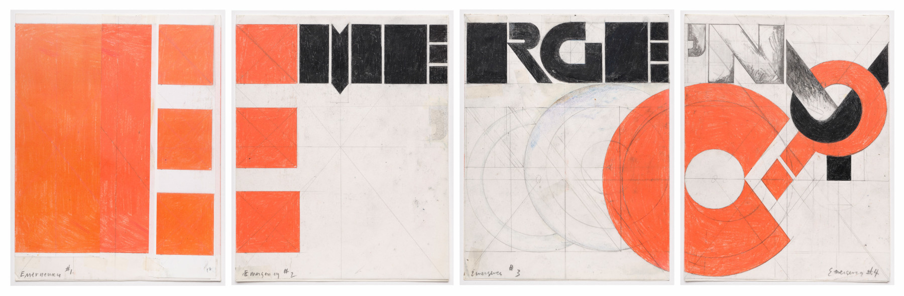 Barbara Stauffacher Solomon Emergency, 1985 Colored pencil, ink, graphite, vellum, paper, cellophane tape 11 x 8.5 inches, each 28 x 21.6 cm, each