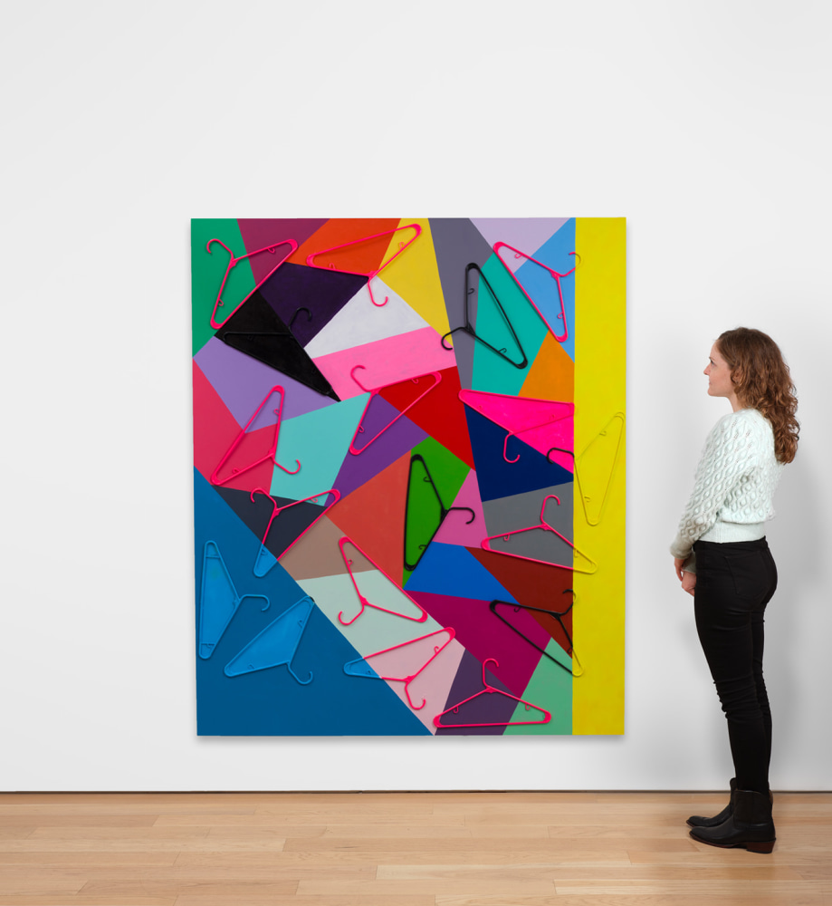 Sarah Cain keep it safe and legal, 2018 Acrylic, gouache, and plastic hanger on canvas 72 x 60 inches 182.9 x 152.4 cm