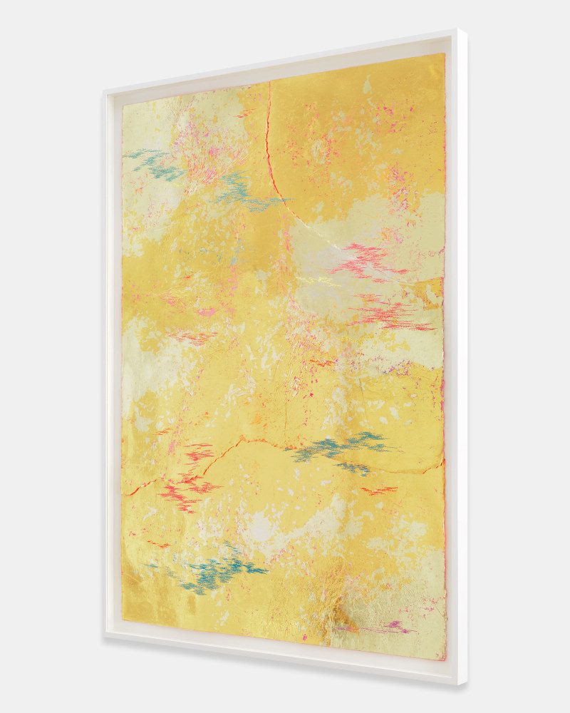 Jessie Henson Repair (Bound), 2023 12, 18 and 24K gold with Beva, acrylic gouache, and polyester thread on paper in 3 parts Framed Dimensions: 63 7/8 x 45 1/2 x 2 3/8 inches 162.1 x 115.4 x 6 cm Paper Dimensions: 60 x 41 inches 152.4 x 104.1 cm