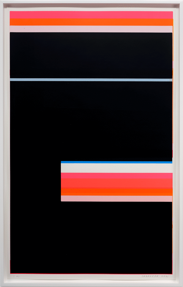 Kate Shepherd, Nina Simone Sings Pirate Jenny #07, 2021, Screen print on coventry rag paper, 40 x 25 inches, black, pink, orange, blue stripes, protest poster, geometric design