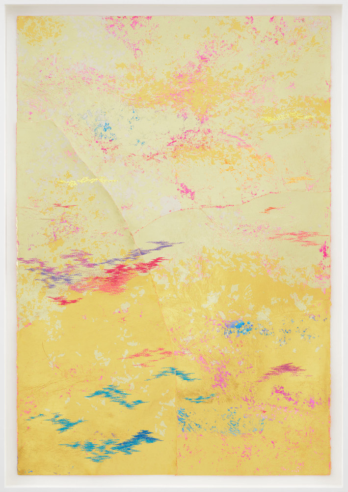 Jessie Henson Repair (Buckle), 2023 12, 18 and 24K gold with Beva, acrylic gouache, and polyester thread on paper in 3 parts Framed Dimensions: 63 7/8 x 45 1/2 x 2 3/8 inches 162.1 x 115.4 x 6 cm Paper Dimensions: 60 x 41 inches 152.4 x 104.1 cm