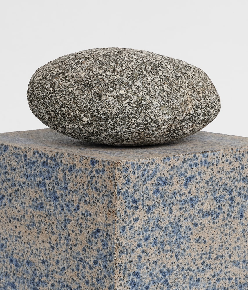 Jesse Schlesinger Cobble of milky way, straying planets,, 2025 Redwood (salvaged), glazed ceramic, and granite 33 1/2 x 13 1/2 x 13 1/2 inches 85.1 x 34.3 x 34.3 cm