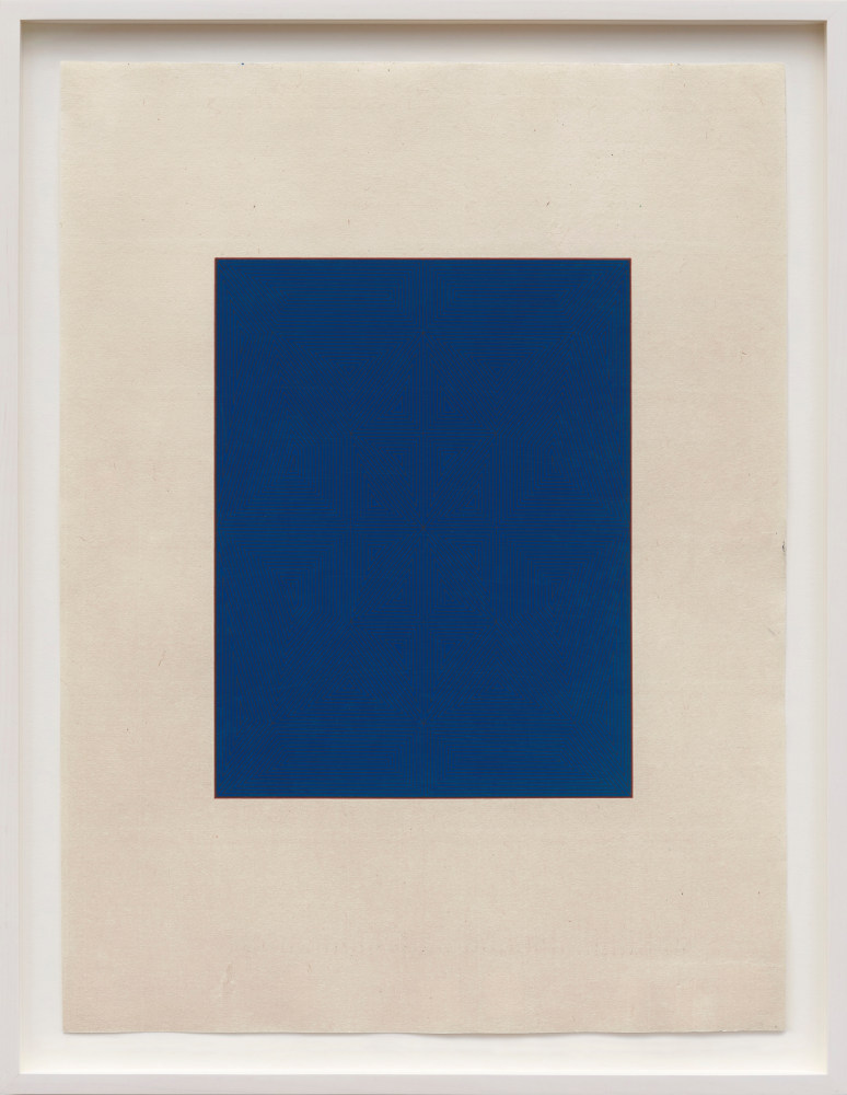 Marsha Cottrell Untitled (Blue with pattern), 2023 Archival pigment on digital ground on paper, unique Framed Dimensions: 22 3/8 x 17 3/8 x 1 3/8 inches 56.8 x 44.1 x 3.5 cm Paper Dimensions: 20 x 15 inches 50.8 x 38.1 cm