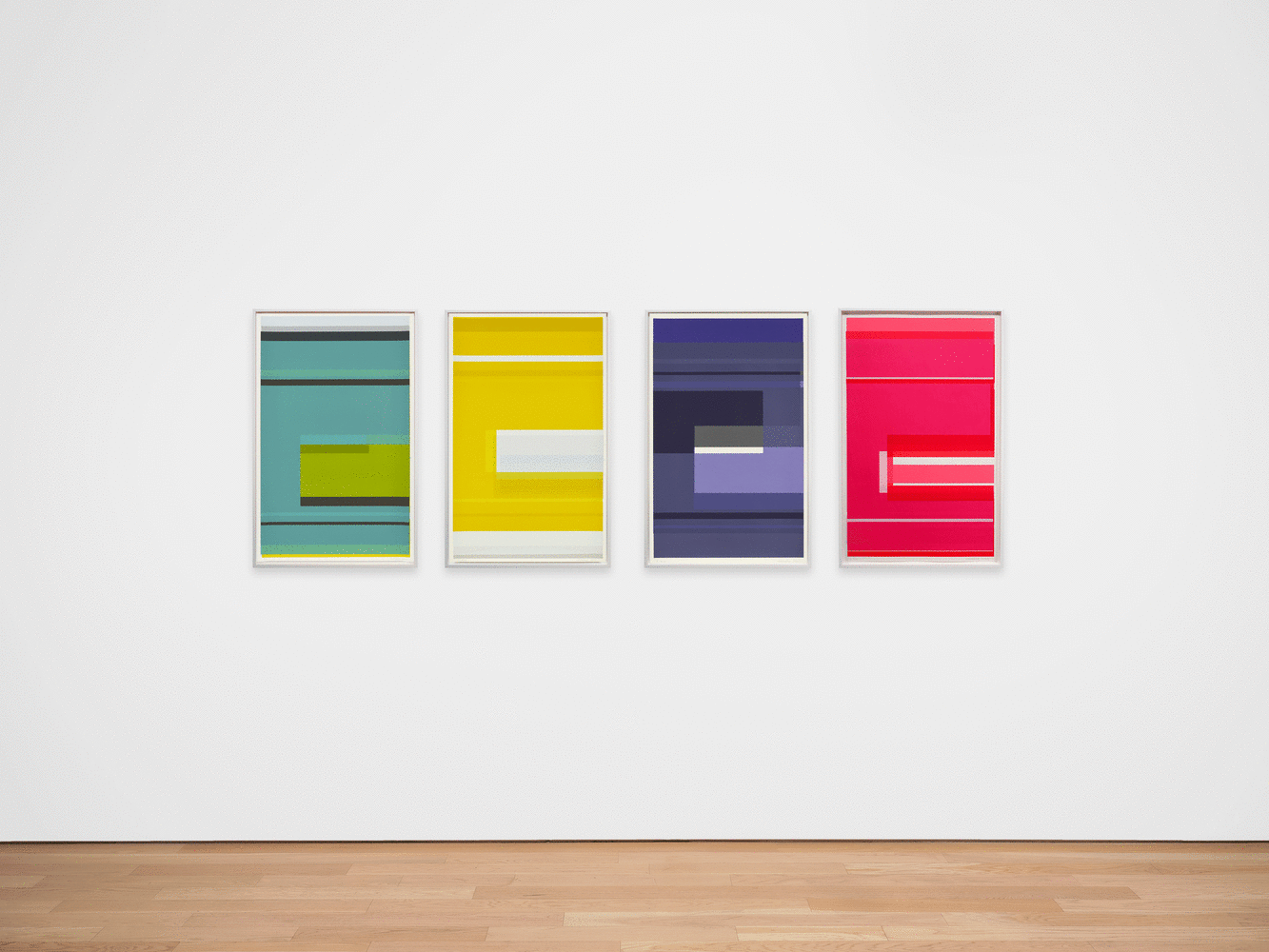 ALT="Kate Shepherd, News of This Day #52, 2021, Screen print on coventry rag paper, unique  40 x 25 inches, installation view with four works in a row, teal, yellow, purple, pink"
