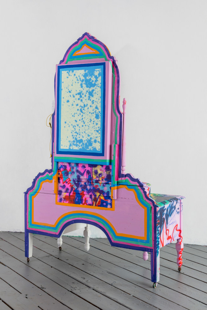 Sarah Cain vanity (flawless), 2015 Acrylic, canvas and headphones on vanity 69 x 47 x 21 inches 175.3 x 119.4 x 53.3 cm