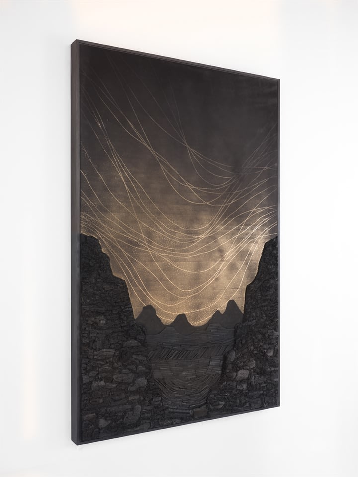 Teresita Fernández Dark Earth (Ravine), 2021 Solid charcoal and mixed media on chromed panel 73 1/2 x 47 1/2 x 3 inches 186.7 x 120.7 x 7.6 cm