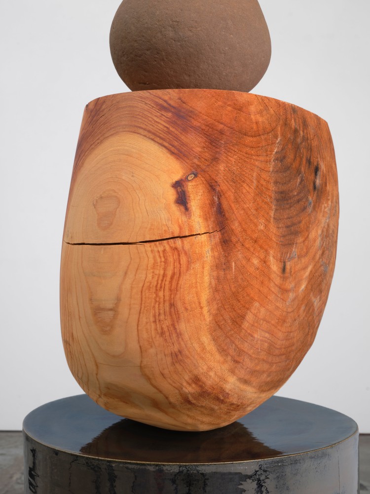 Jesse Schlesinger Lay down these words, Before your mind like rocks., 2025 Glazed ceramic, redwood (salvaged), and stone 27 x 14 x 19 inches 68.6 x 35.6 x 48.3 cm