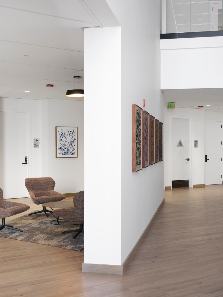 Saif Azzuz Rooted in the land, 2024 Site specific commission by Stanford​ School of Medicine 6 framed works on paper and 1 large-scale vinyl Vinyl: 28.3 x 45.5 ft Paper Dimensions: 30 x 20 1/8 inches, each 76.2 x 51.1 cm, each Framed Dimensions: 34 x 24 1/8 inches, each 86.4 x 61.3 cm, each