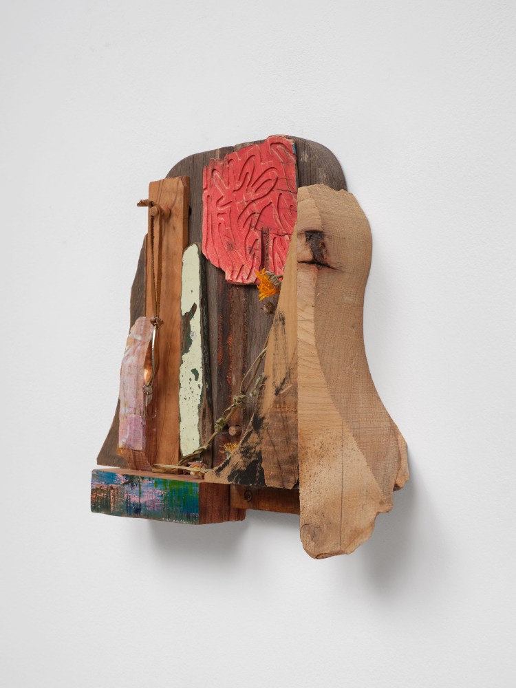 Saif Azzuz scraping by, 2022 Found wood, spray paint, thumbtack, fishing hook, wood glue, acrylic and dandelion 11 1/2 x 12 x 2 inches 29.2 x 30.5 x 5.1 cm