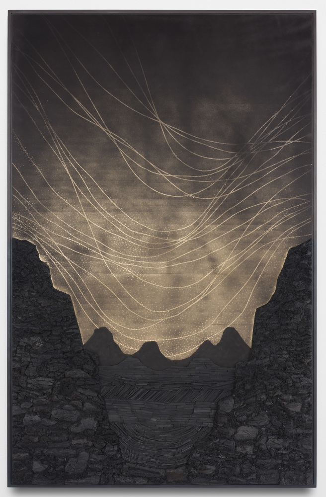 Teresita Fernández Dark Earth (Ravine), 2021 Solid charcoal and mixed media on chromed panel 73 1/2 x 47 1/2 x 3 inches 186.7 x 120.7 x 7.6 cm