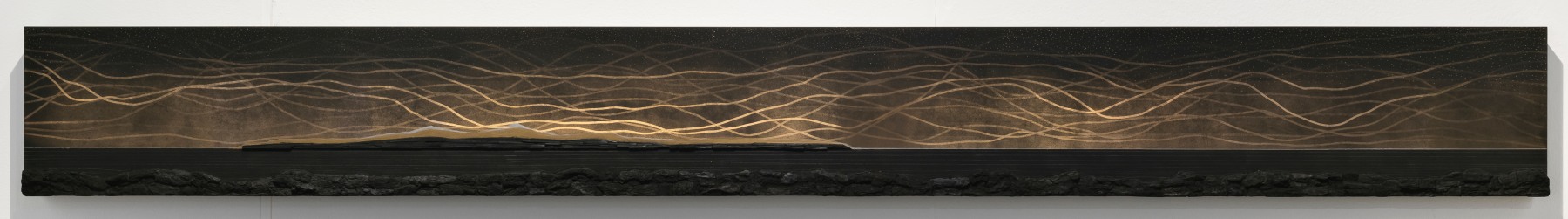 Teresita Fernández Dark Earth (Mirage), 2019 Solid charcoal and mixed media on chromed panel 12 x 108 x 2 inches 30.5 x 274.3 x 5.1 cm