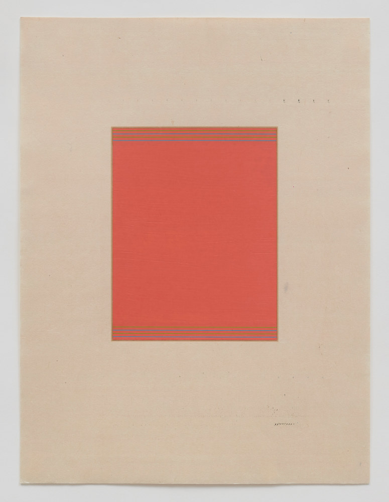 Marsha Cottrell Untitled (Coral red with blue and green lines), 2025 Archival pigment-based ink on digital ground on paper, unique Framed Dimensions: 22 3/8 x 17 3/8 x 1 3/8 inches 56.8 x 44.1 x 3.5 cm Paper Dimensions: 20 x 15 inches 50.8 x 38.1 cm