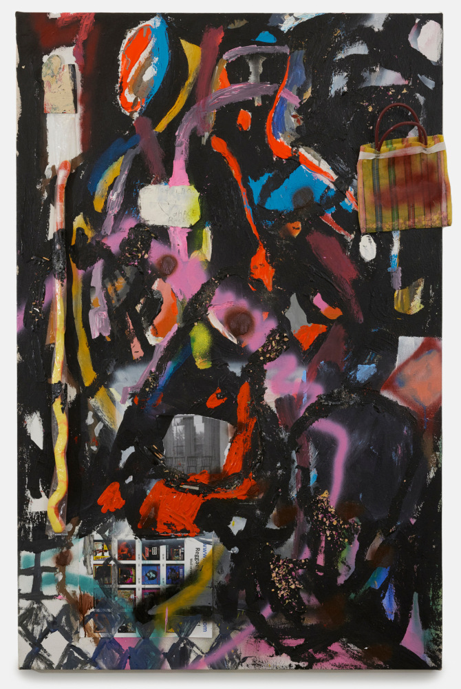 Grace Rosario Perkins Broken Oracle in the Banquet Hall, 2023 Acrylic, spray paint, enamel, paper, gummy snake, paper, rose petals, altar oil, flower essence, crushed plastic, matches, mesh bag, gold resin, black salt on canvas 60 x 39 inches 152.4 x 99.1 cm