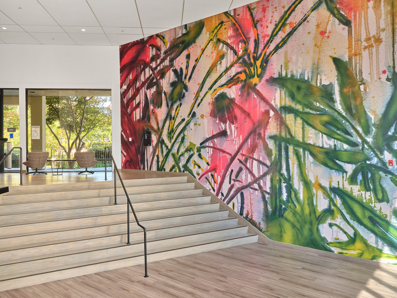 Saif Azzuz Rooted in the land, 2024 Site specific commission by Stanford​ School of Medicine 6 framed works on paper and 1 large-scale vinyl Vinyl: 28.3 x 45.5 ft Paper Dimensions: 30 x 20 1/8 inches, each 76.2 x 51.1 cm, each Framed Dimensions: 34 x 24 1/8 inches, each 86.4 x 61.3 cm, each