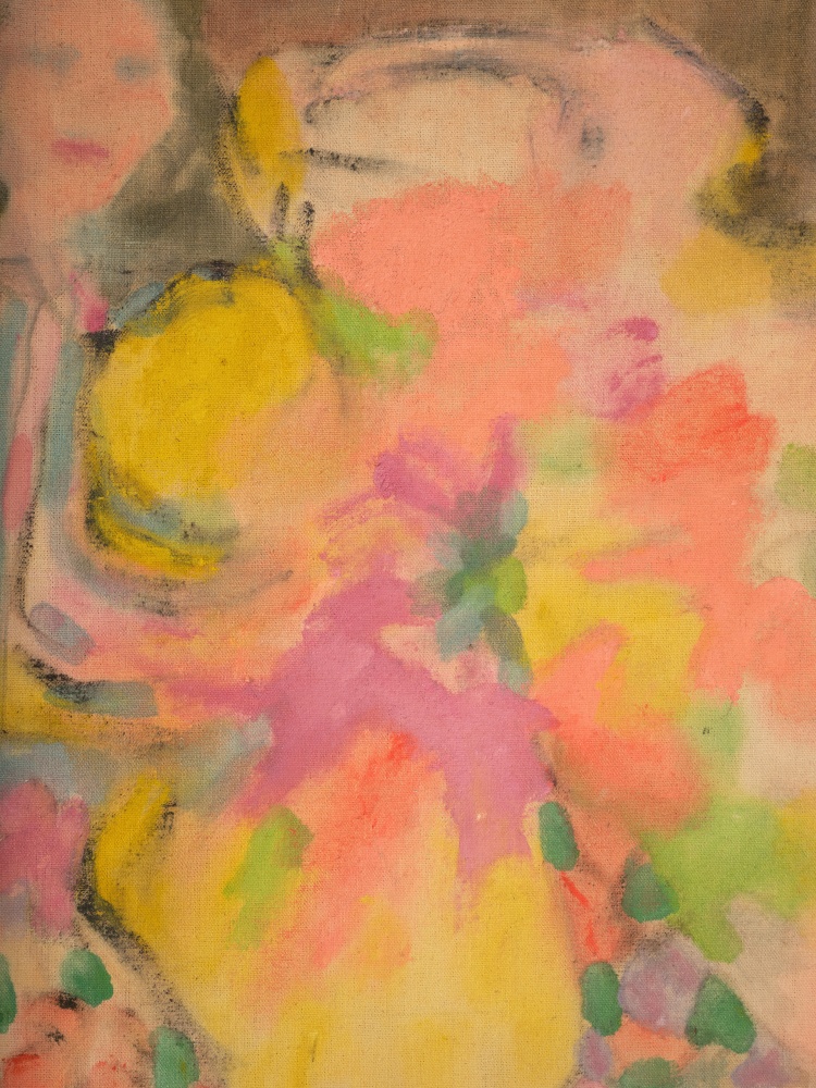 J​ess Four O'Clock Shadow of Purple Papier-Mâché, 1955 Oil wash on unsized canvas Framed Dimensions: 41 x 27 3/4 x 2 inches 104.1 x 70.5 x 5.1 cm