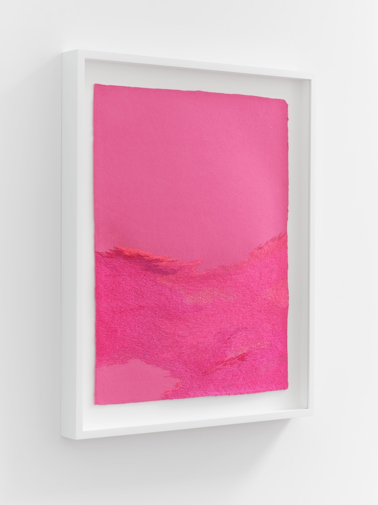 Jessie Henson Untitled, 2020 Polyester and rayon thread on handmade paper Framed Dimensions: 23 3/8 x 19 x 1 3/4 inches 59.4 x 48.3 x 4.6 cm Paper Dimensions: 20 x 16 inches 50.8 x 40.6 cm