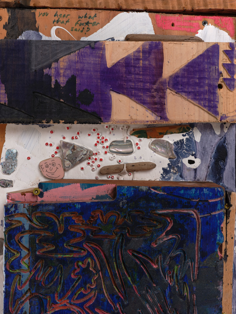 Saif Azzuz You hear what those fuckers said?, 2022 Old growth from hetch hetchy, cedar from weitchpec, acrylic, ink, vinyl, oil, found wood, nail, screws, wood glue, abalone, redwood, beads, screws, sharpie, sakura oil marker and a mouse trap 41 1/2 x 34 1/2 x 5 inches 105.4 x 87.6 x 12.7 cm