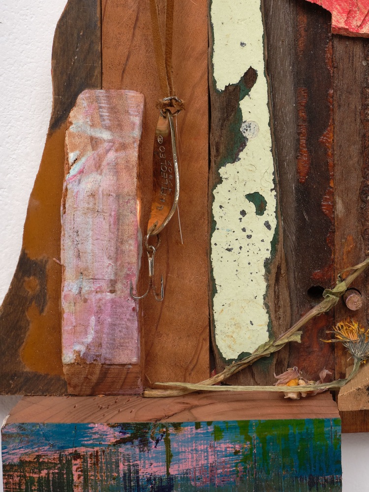 Saif Azzuz scraping by, 2022 Found wood, spray paint, thumbtack, fishing hook, wood glue, acrylic and dandelion 11 1/2 x 12 x 2 inches 29.2 x 30.5 x 5.1 cm