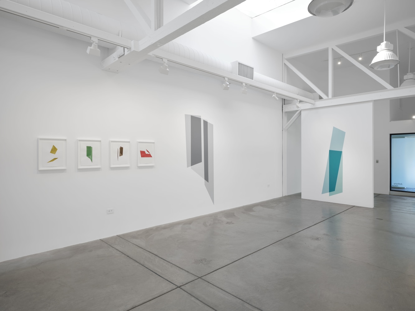 Kate Shepherd Wall painting 7, leaning planks, blue and green, 2023 Latex on wall, custom colors Dimensions variable Approximately 84 x 42 inches