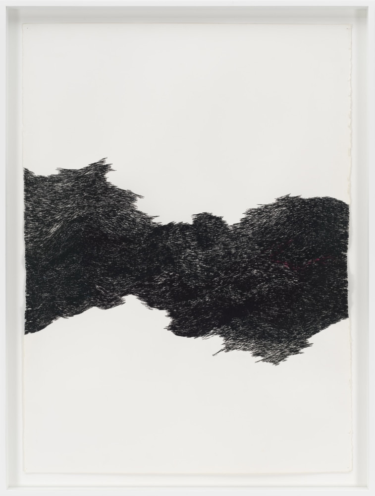 Jessie Henson Untitled, (Blue-Black Thread), 2018 Polyester and rayon thread on paper Framed Dimensions: 45 1/5 x 33 2/5 inches 114.8 x 84.8 cm