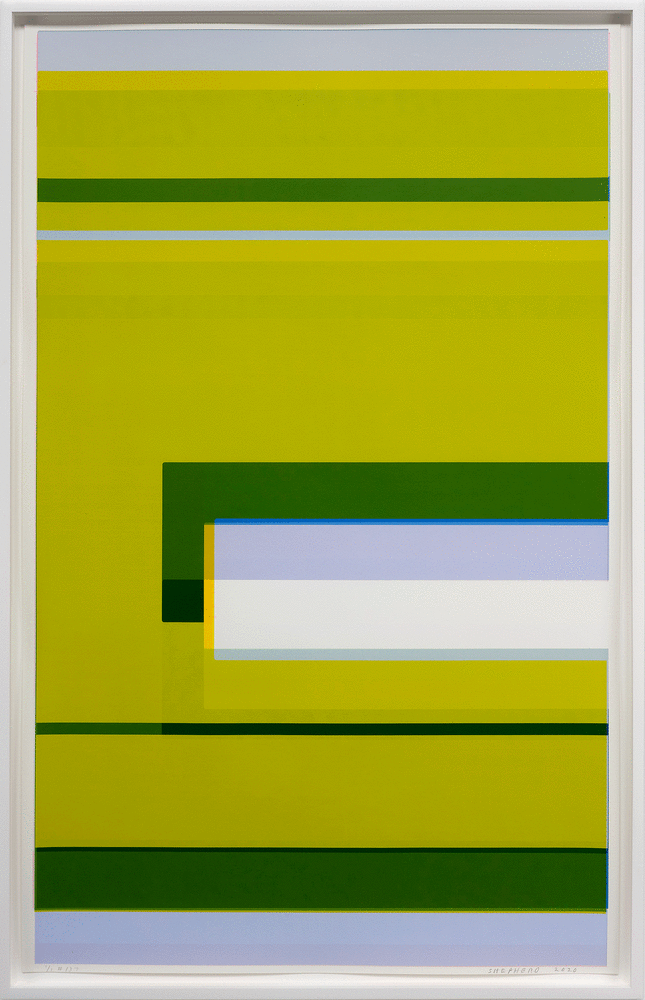 Kate Shepherd, Nina Simone Sings Pirate Jenny #137, 2020,  Screen print on coventry rag paper, 40 x 25 inches, protest poster, lime green, dark green, pastel blue, and white stripes, geometric pattern
