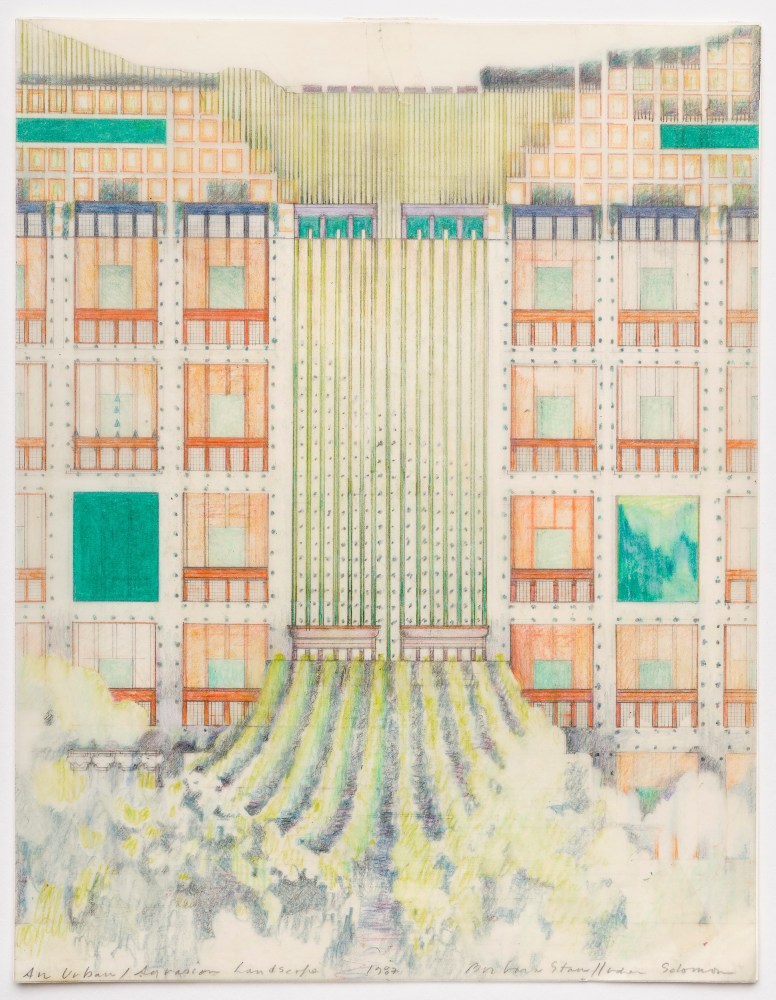 Barbara Stauffacher Solomon An Urban / Agrarian Landscape, 1987 ​Colored pencil, graphite, vellum, paper 11 x 8.5 inches 28 x 21.6 cm
