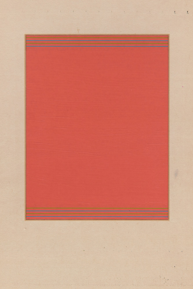 Marsha Cottrell Untitled (Coral red with blue and green lines), 2025 Archival pigment-based ink on digital ground on paper, unique Framed Dimensions: 22 3/8 x 17 3/8 x 1 3/8 inches 56.8 x 44.1 x 3.5 cm Paper Dimensions: 20 x 15 inches 50.8 x 38.1 cm