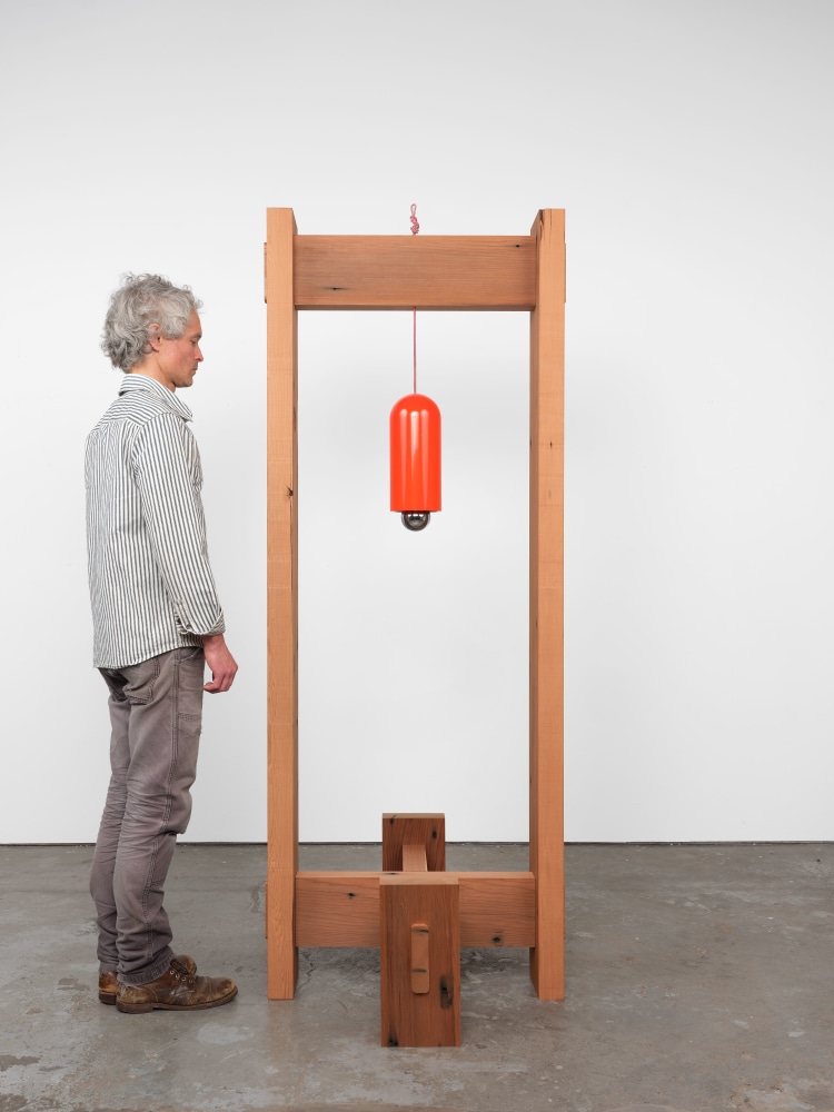 Jesse Schlesinger Untitled, 2023 Redwood (salvaged), cord, poplar, conversion varnish, chrome-plated steel, and glazed ceramic 78 x 30 x 30 inches 198.1 x 76.2 x 76.2 cm