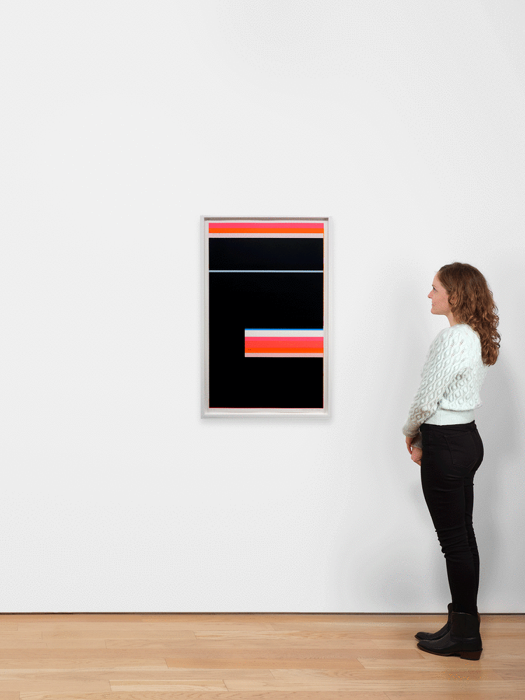 Kate Shepherd, Nina Simone Sings Pirate Jenny #07, 2021, Screen print on coventry rag paper, 40 x 25 inches, black, pink, orange, blue stripes, protest poster, geometric design