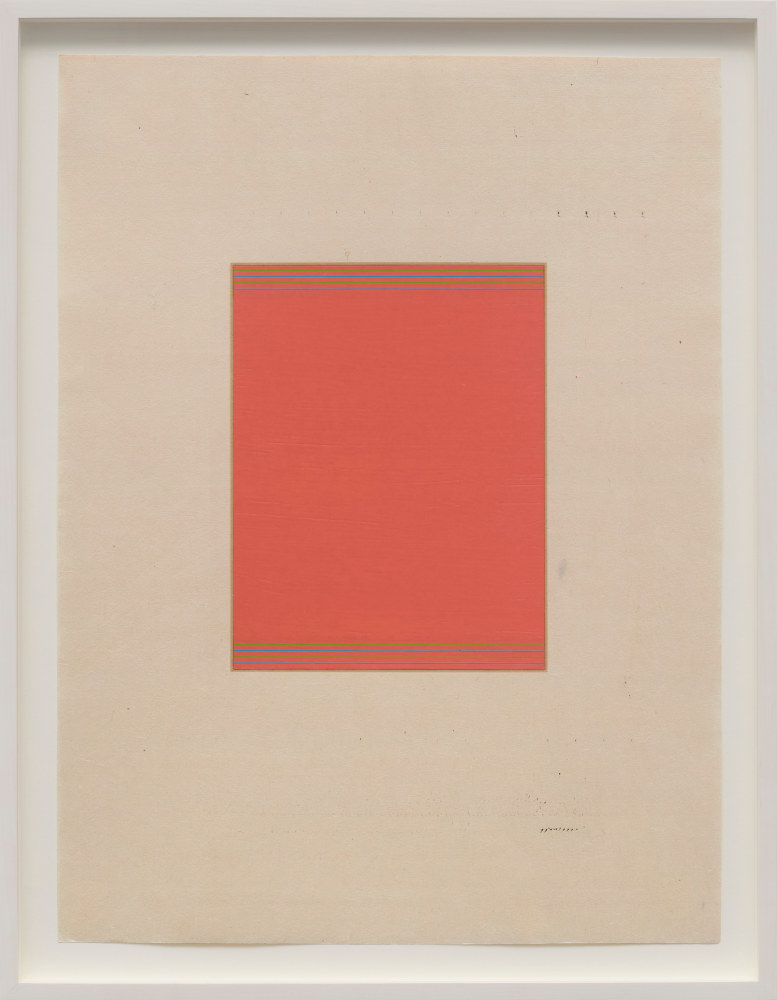 Marsha Cottrell Untitled (Coral red with blue and green lines), 2025 Archival pigment-based ink on digital ground on paper, unique Framed Dimensions: 22 3/8 x 17 3/8 x 1 3/8 inches 56.8 x 44.1 x 3.5 cm Paper Dimensions: 20 x 15 inches 50.8 x 38.1 cm