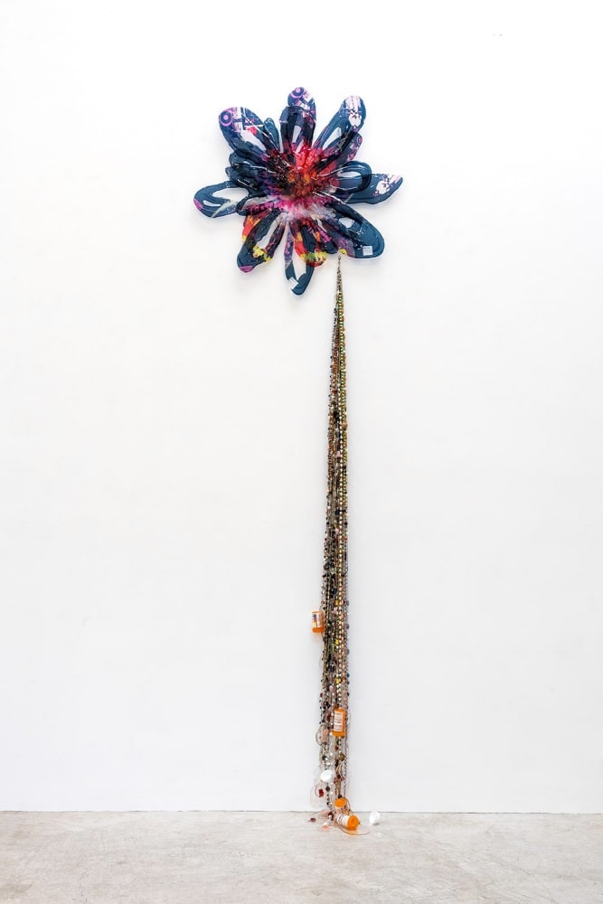 Lucy Puls Adiumentum (Panic Attack, Insomnia, Depression) In-A-Gadda-Da-Vida, Amy, 2023 Found necklaces, epoxy resin, empty Ambien prescription bottles, Trazodone 50 mg tablets, CBD gummies, Clonazepam, hardware 104 x 30 x 11 inches 264.2 x 76.2 x 27.9 cm