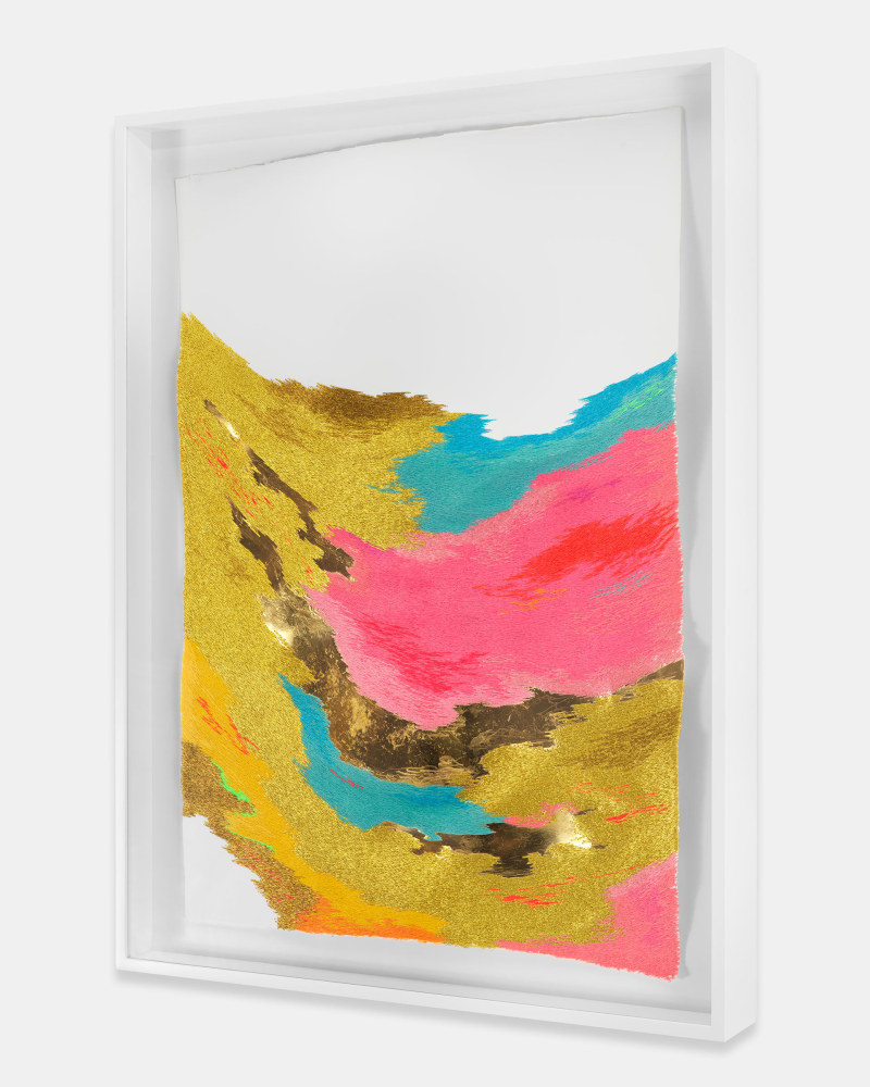 Jessie Henson The Sky Catches Fire When the Sun Goes (This Much I Believe), 2022 24k gold with polyester and rayon thread on paper Framed Dimensions: 34 7/8 x 26 1/8 x 3 1/2 inches 88.4 x 66.2 x 8.7 cm