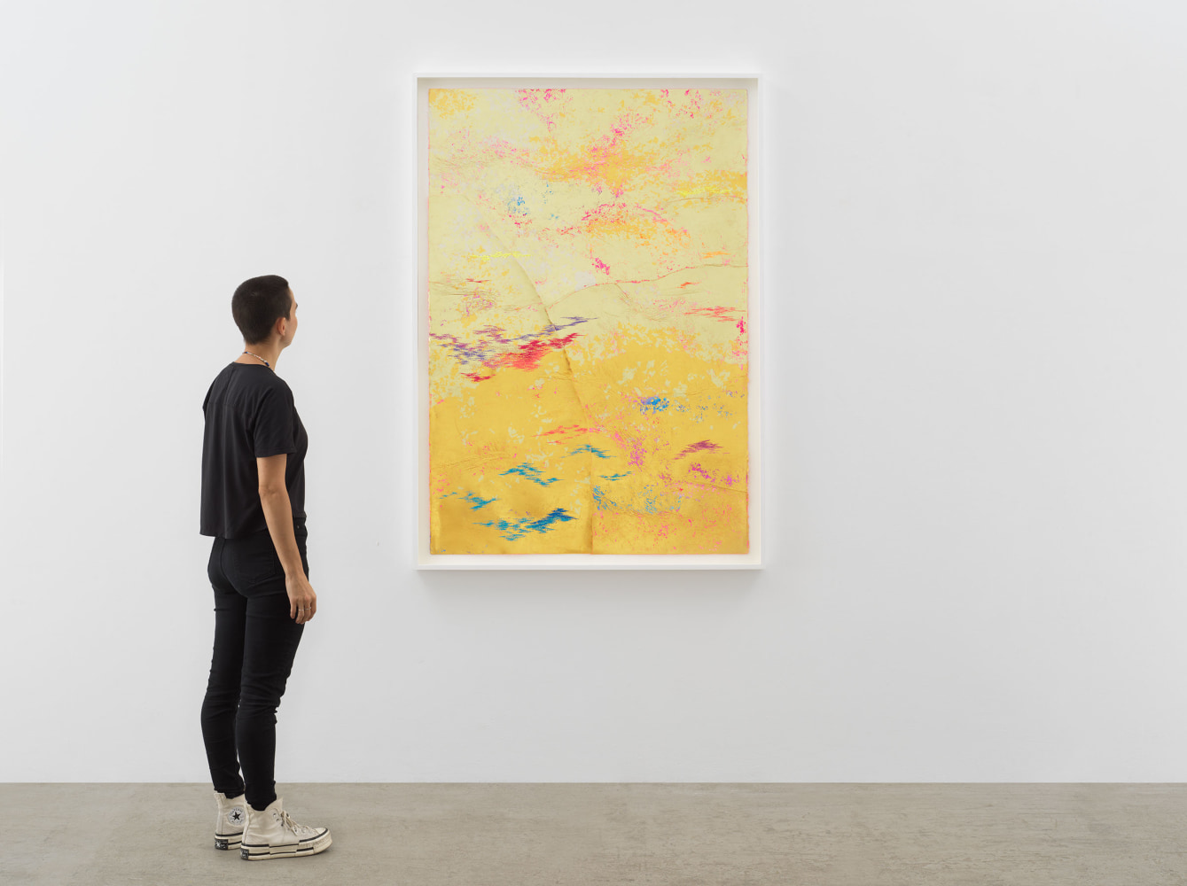 Jessie Henson Repair (Buckle), 2023 12, 18 and 24K gold with Beva, acrylic gouache, and polyester thread on paper in 3 parts Framed Dimensions: 63 7/8 x 45 1/2 x 2 3/8 inches 162.1 x 115.4 x 6 cm Paper Dimensions: 60 x 41 inches 152.4 x 104.1 cm