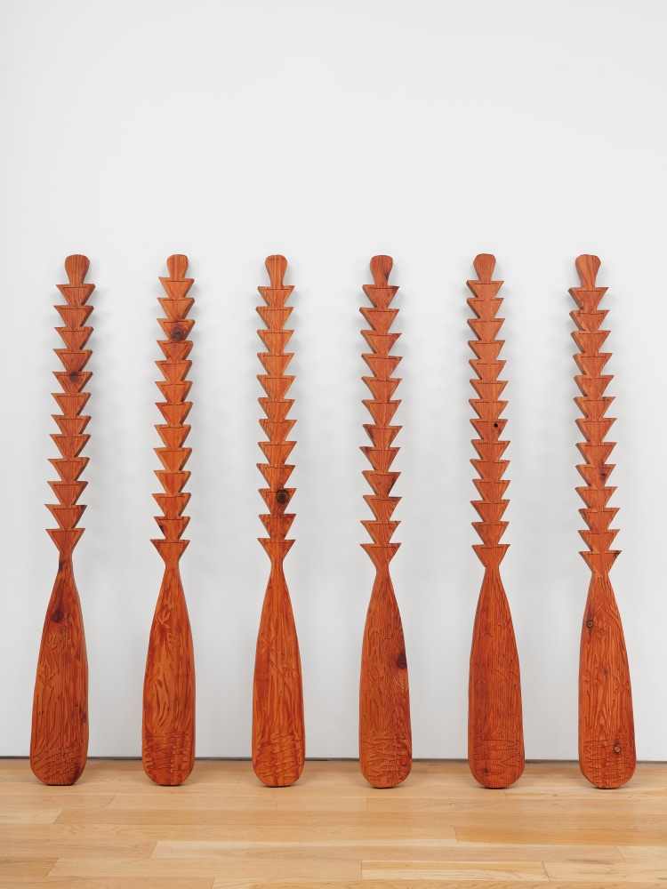 Saif Azzuz Watchu doin down here, upriver, 2024-2025 Redwood 65 x 7 x 3 inches, each 165.1 x 17.8 x 7.6 cm, each