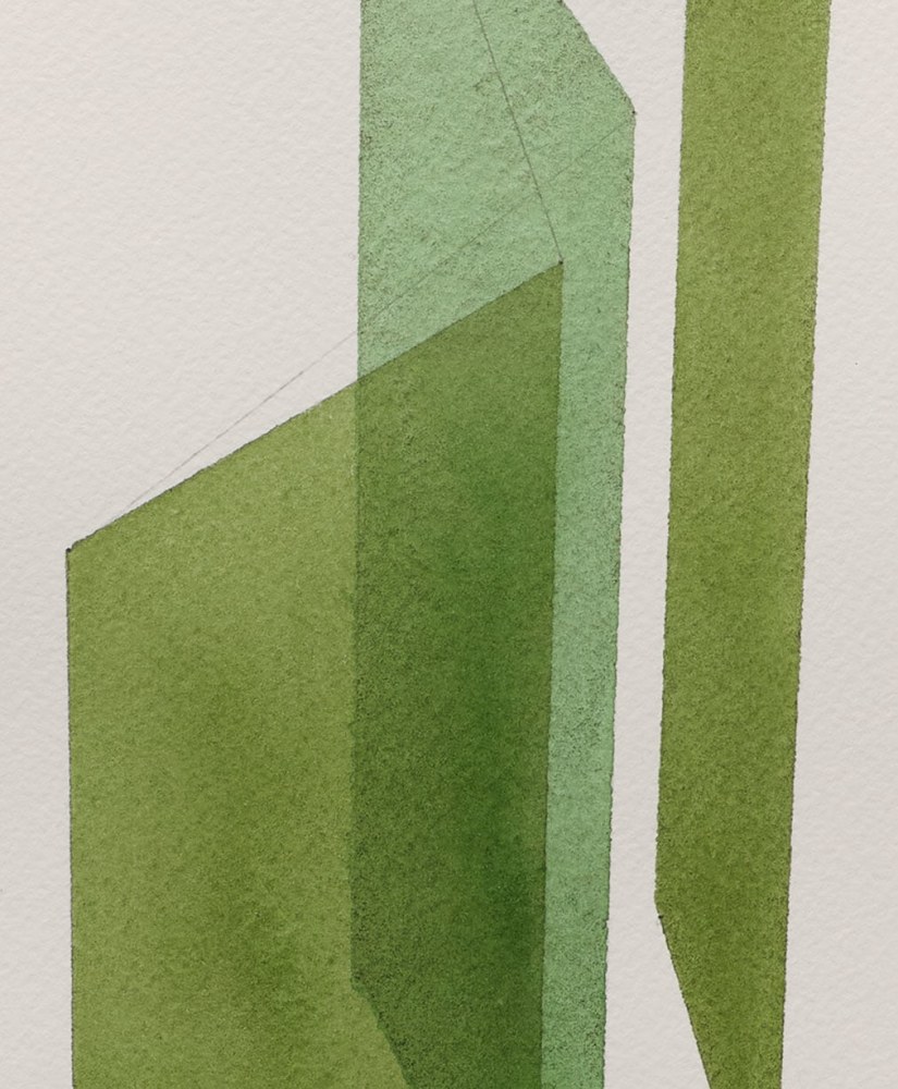Kate Shepherd Greens, Three Planes, #75, 2022 Watercolor on Arches paper Framed Dimensions: 18 7/8 x 15 1/8 x 1 1/2 inches 47.9 x 38.4 x 3.8 cm